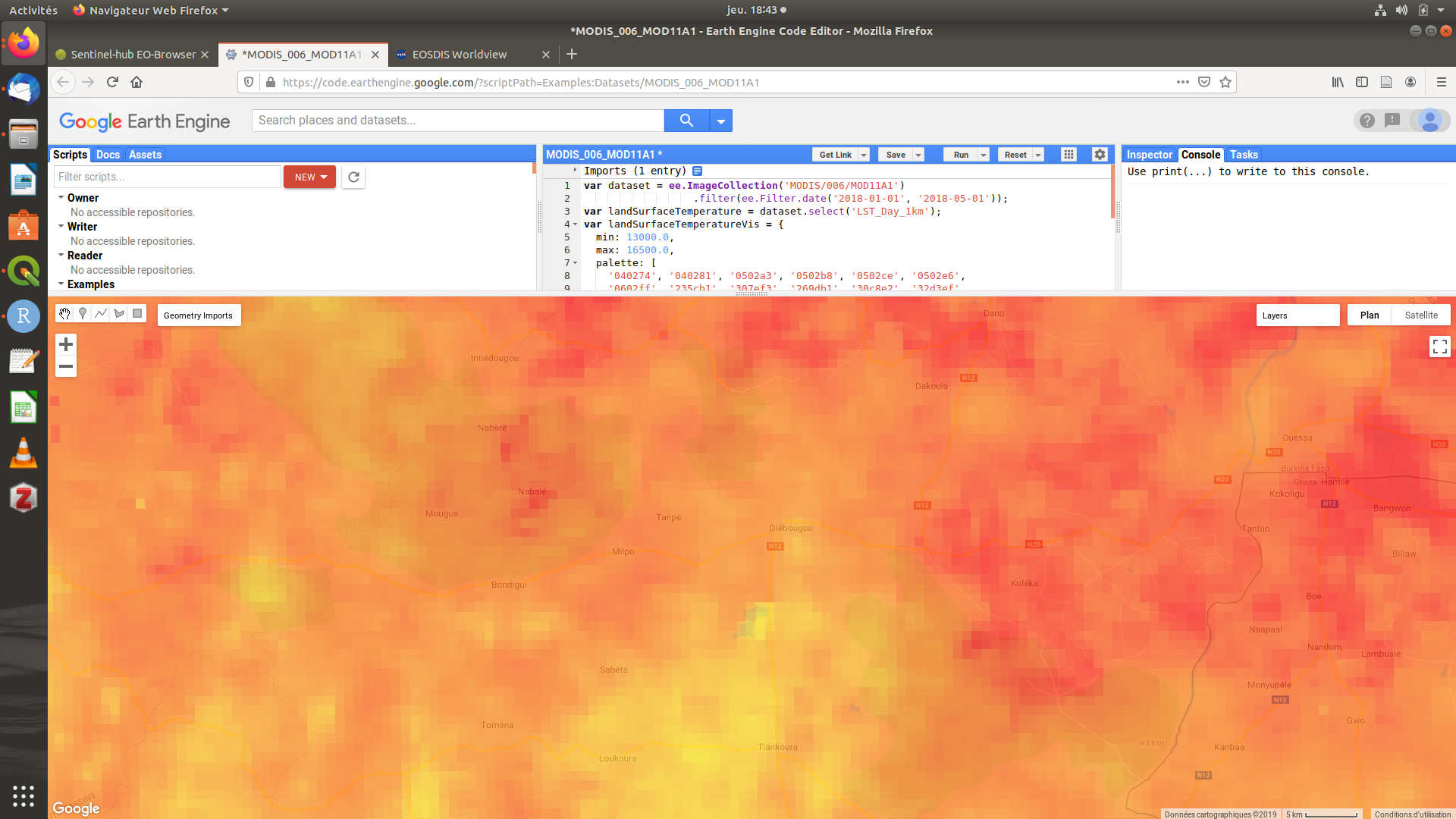 Google Earth Engine - image MODIS LST (température du sol) sur l'aire de Diébougou
