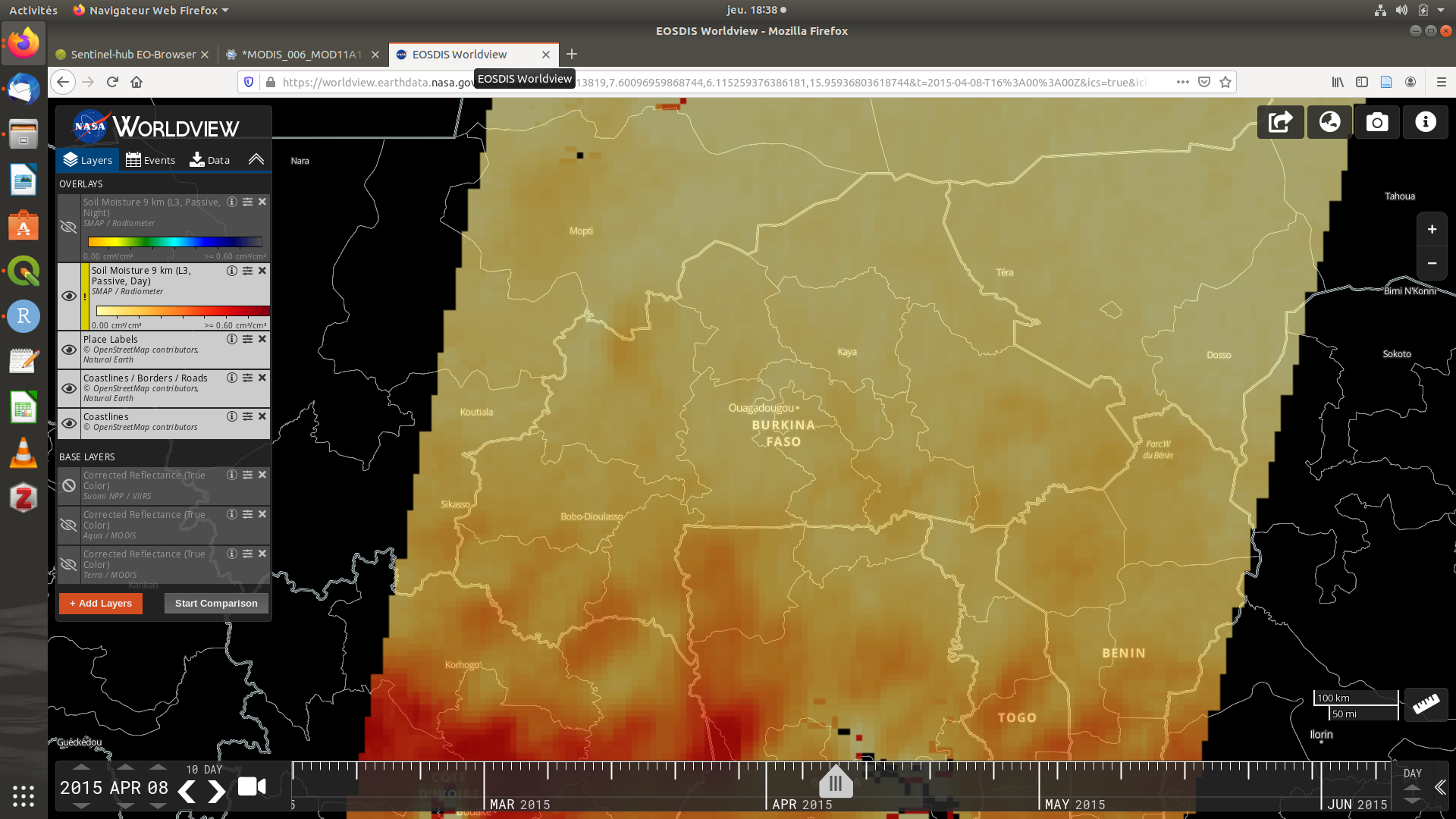 NASA Worldview - image SMAP (humidité du sol) au dessus du Burkina Faso