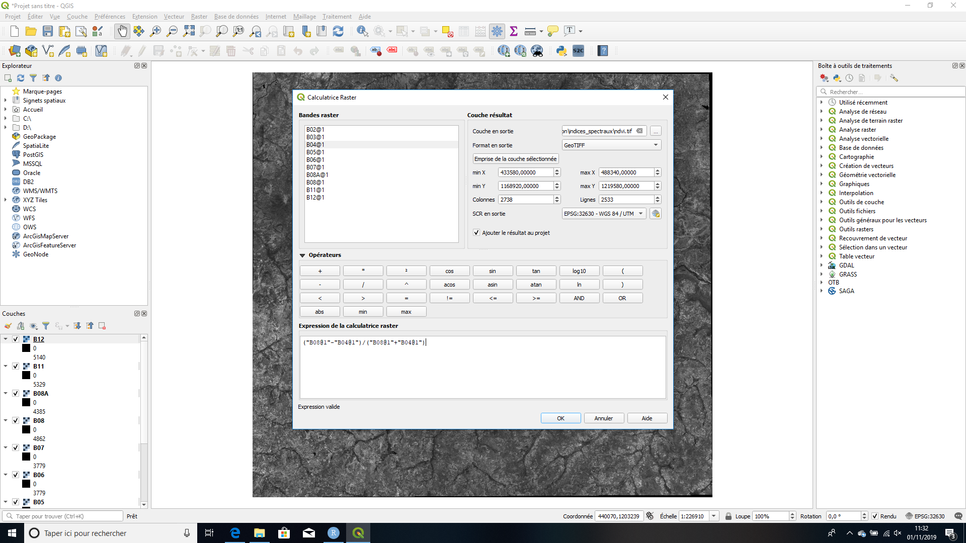 Calculatrice raster - calcul d'indices spectraux