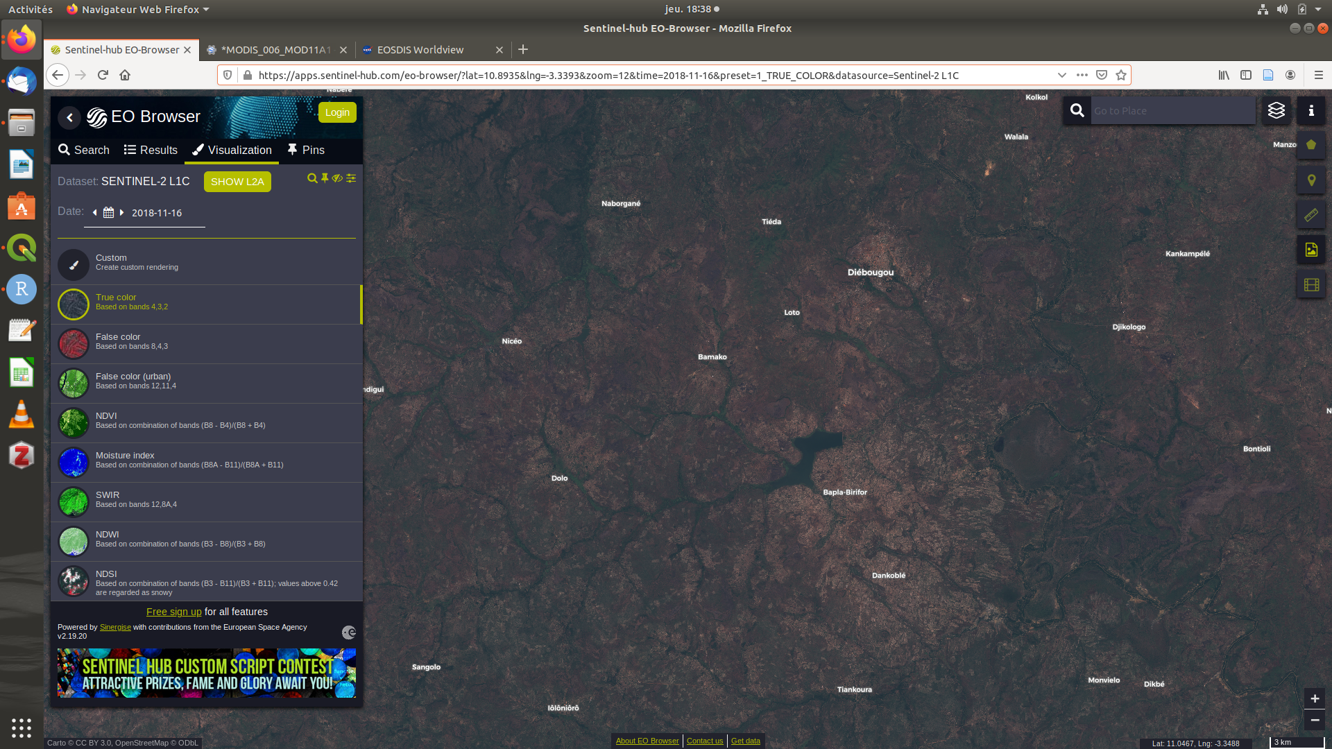Sentinel-hub EO-Browser - image Sentinel-2 en couleurs réelles sur l'aire de Diébougou